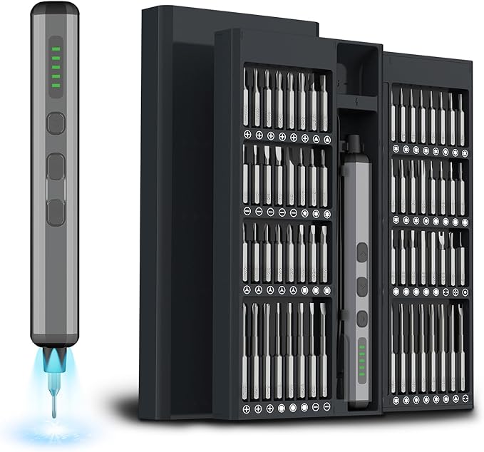 Mini Electric Screwdriver Set,3.7V Power Screwdriver Cordless Rechargeable,4 LED Lights,64 S2 Magnetic Bits,Magnetic Storage,Portable Repair Tool Kit for Electronics Watch Camera Phone Laptop (Black)