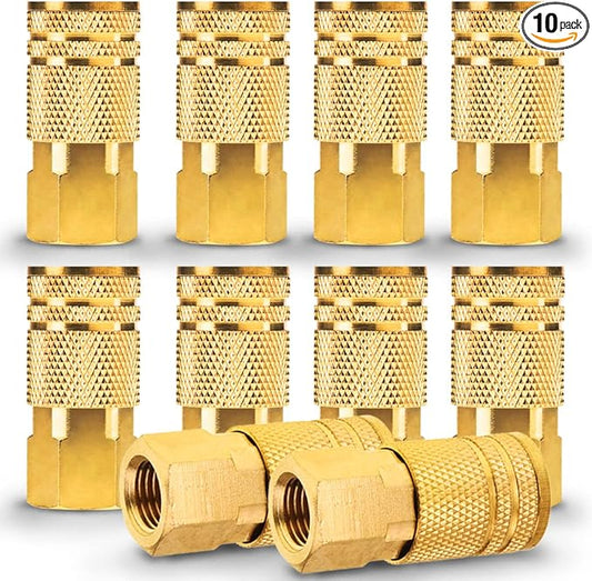 Female Air couplers -1/4-Inch NPT Thread Quick Connect Air Coupler Plug Kit - 10-Pack, Air Tools Fittings Set, Air Compressor Accessories Fittings with Brass Finish