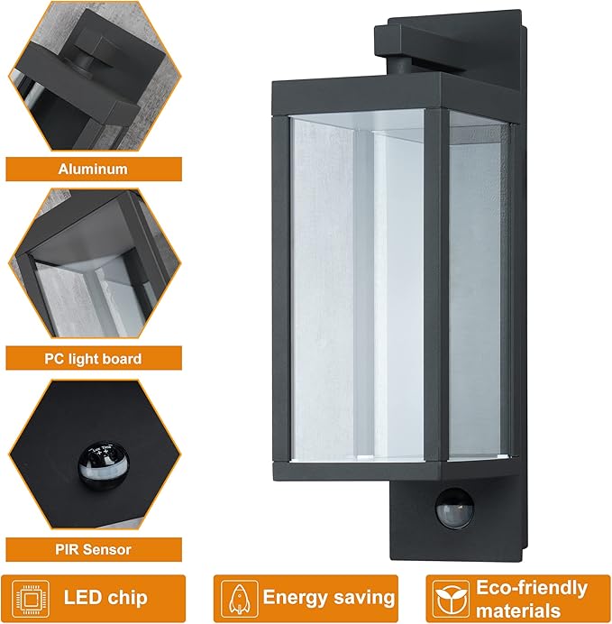 Lustrlach 2 Pack Outdoor Motion Sensor Wall Lights for House,15in LED Exterior Modern Porch Light Fixture Black with Clear Glass IP54 Waterproof for Outside Garden Front Door Patio,750Lumen,13W