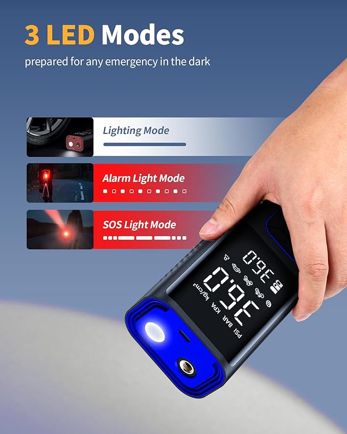 Cordless Tire Inflator Portable Air Compressor - 150PSI Air Pump with Auto Shutoff Function for Car Tires, Inflatables, Motorcycle, Balls, Compact Bike Tire Pump with LED Light, Blue, Large