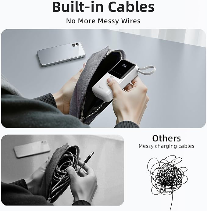 PD 30W Fast Charging Portable iPhone Charger 10 000mAh Mini Size Power Bank with Built in USB C & Lightning Cable, LED Display, Travel Battery Pack for iPhone 16/15/14/13 Series Samsung etc