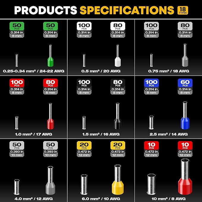 Ferrule Crimping Tool Kit, Ratchet Pliers for 24-8 AWG with 18 Types Insulated and Non-Insulated Ferrules, Self-Adjusting Pliers, Wire Ferrules Kit, Square Crimp Connector Assortment Kit