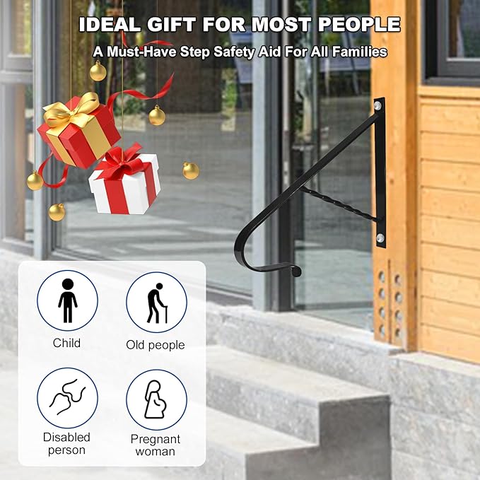 19.5" Handrail for Outdoor Steps,1-2 Steps Stair Handrails-Wall Mounted Wrought Iron Hand Railing-Powder Coated Carbon Steel-Metal Art Single Step Handrail-Step Grab Rail for Indoor Outdoor Stair Step