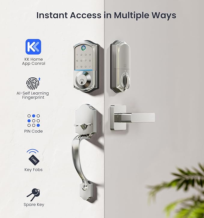 Veise VE017-H Fingerprint Smart Front Door Lock Set, App Control, Keyless Entry Deadbolt with Handle, Smart Deadbolt, Emergency Power Port, Touchscreen Keypad, Auto Lock, Easy Install, Satin Nickel