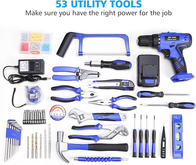 jar-owl Daily Household Tool Set with Drill, 21V Cordless Drill Drive Set with 112pcs Combo Hand Tool Kit for Mens Home Repair