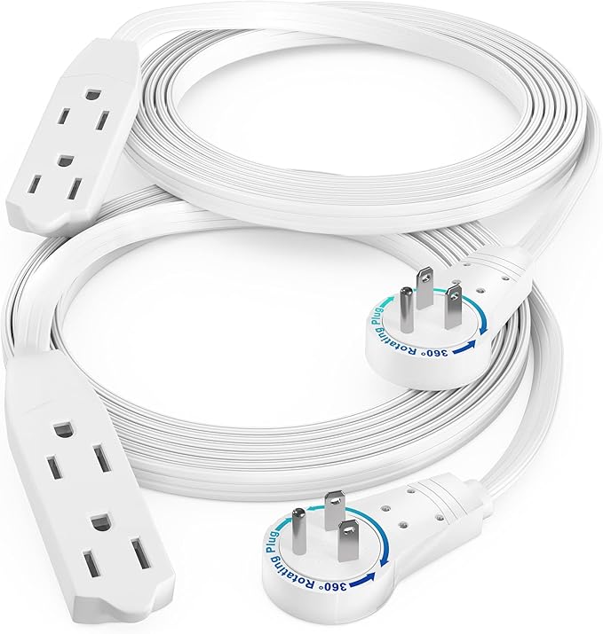 Maximm Cable 6 Ft 360° Rotating Flat Plug Extension Cord/Wire, 16 AWG Multi 3 Outlet Extension Wire, 3 Prong Grounded Wire - White - 2 Pack - UL Certified