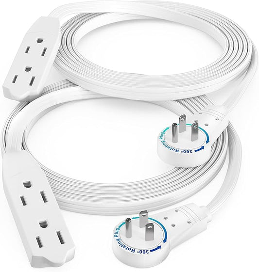 Maximm Cable 6 Ft 360° Rotating Flat Plug Extension Cord/Wire, 16 AWG Multi 3 Outlet Extension Wire, 3 Prong Grounded Wire - White - 2 Pack - UL Certified