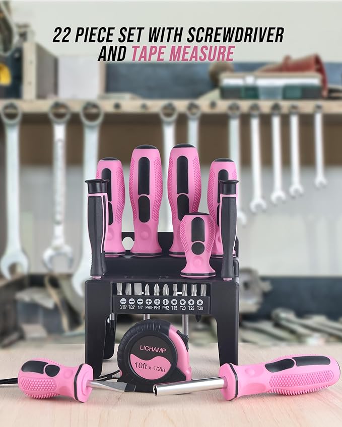Lichamp 22-Piece Pink Tool Set, Small Magnetic Screwdriver set for Women with 10ft Tape Measure Pink