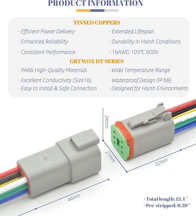 DT 2 Sets 4 Pin Connector Kit Waterproof Electrical Connector 16 AWG Male and Female Automotive Wire Connectors for Car Truck Boat (4 Pin 2 Sets)