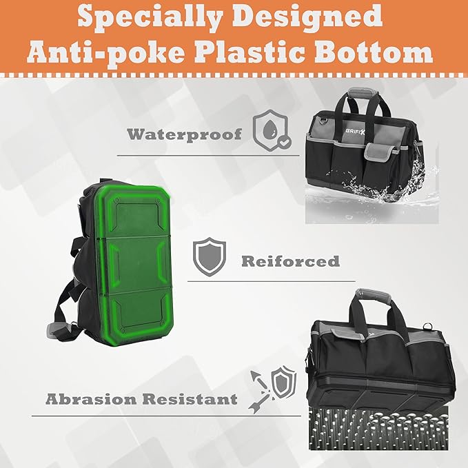 17-inch Tool Bag, Tool Box Organizer Storage, Wide Mouth Tool Tote Bag with Large Zipper, 17-Pocket Portable Adjustable Shoulder Strap and Ergonomic Handle (17" Molded Base)