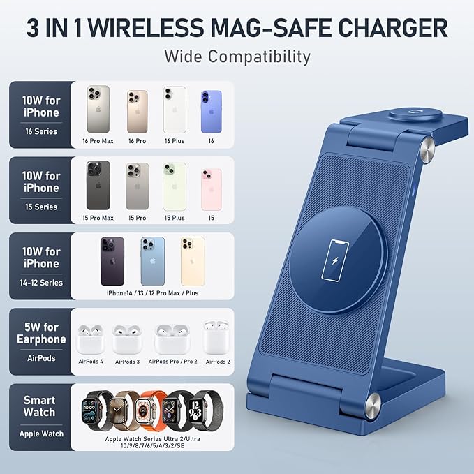 Magnetic Wireless Charger Stand, 3 in 1 Foldable Wireless Charging Station, Travel Charger for Multiple Devices for iPhone 16 15 14 13 12 Series, Apple Watch Ultra/SE/9/8/7/6/5/4/3/2, AirPods