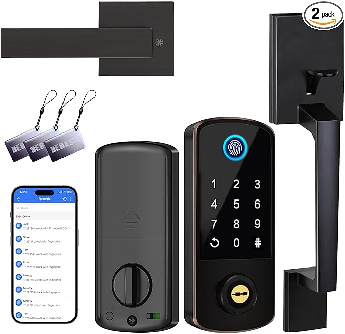 Keyless Entry Door Deadbolt with Handle Set, BEBASIA Fingerprint APP Smart Door Lock, Digital Keypad Bluetooth Deadbolt Lockset with Auto Lock Code Fob Aged Bronze