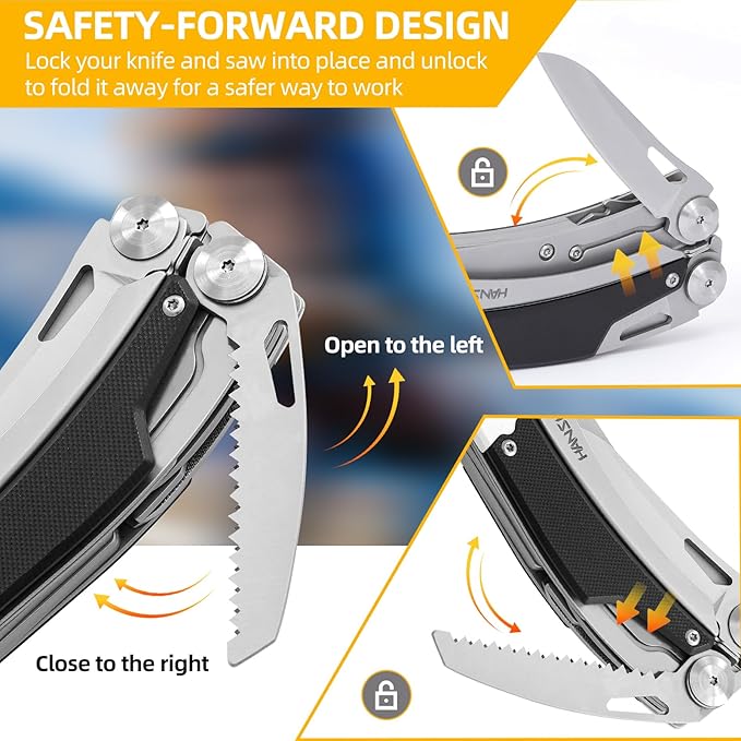 HANSHI G10 Handle Multitool Pliers with YG10 Tungsten Steel Replaceable Wire Cutters 12 in 1 Multi Tool Pocket Knife with Safety Lock,Saw,Bottel Opener for Camping,Survival with Nylon Sheath (black)