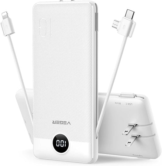 VEGER Portable Charger for iPhone Built in Cables and Wall Plug, 10000mah Slim Fast Charging USB C Power Bank, Travel Essential Battery Pack Compatible with iPhones, iPad, Samsung More Devices(White)
