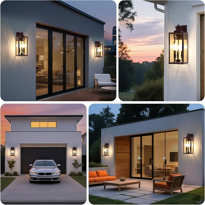 3-Light Motion Sensor Outdoor Wall Light, Waterproof Exterior Wall Sconce Light Fixture with Water-Rippled Glass, Dusk to Dawn Brown Outside Wall Lantern for House, Porch, Patio,Bulbs Not Included