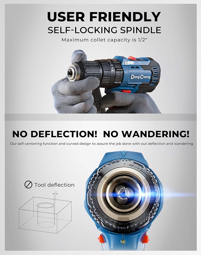 Dong Cheng 20V Brushless Heavy-duty Impact Drill, 443 in-lbs, 27000 IPM, 1/2" Keyless Metal Chuck, 20+1+1 Clutch, Cordless Hammer Drill with 2 Battery Kit for Drilling Brick Wall, Metal, Wood