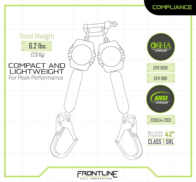 Frontline RPA062RA 6' Aramid Web Twin Leg SRL with Aluminum Rebar Hook Ends | 310 lbs Capacity | Lightweight & Durable | Aramid Fiber Webbing | ANSI & OSHA Compliant | ISO Lab Tested