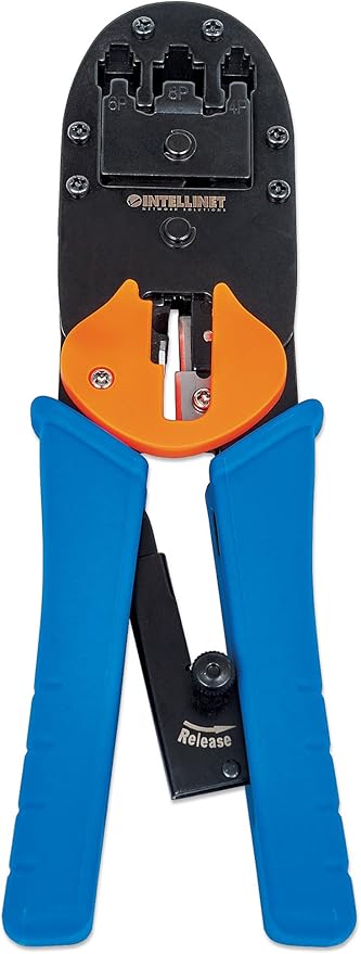 Intellinet RJ45 Crimp Tool – All-In-One Modular Universal Crimper with Wire Cutter & Stripper Functions – Crimps RJ45, RJ22, RJ12, RJ11, RJ10, RJ9 Connector Plugs – Lifetime Mfg Warranty - 211048