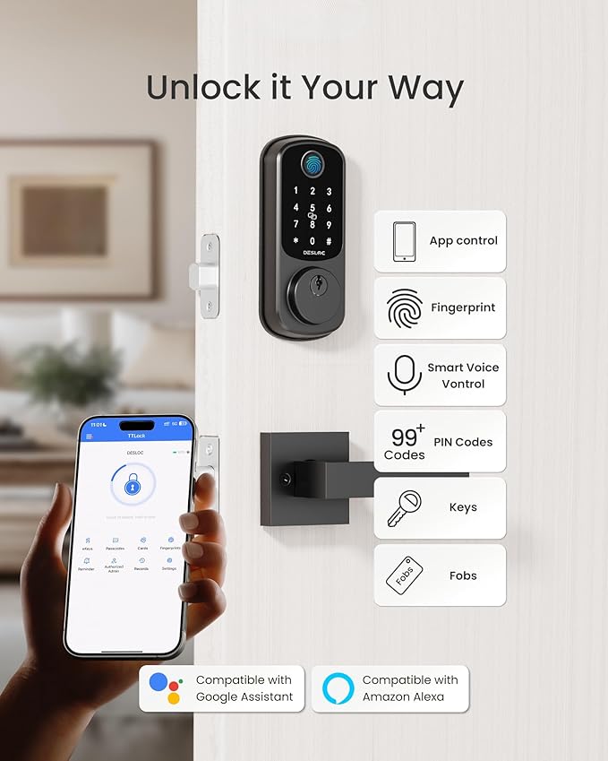 DESLOC B200 Keyless Entry Door Lock with 2 Lever Handles, App Control, Fingerprint Smart Locks for Front Door, Keypad Deadbolt Smart Lock, Deadbolt Lock, Emergency Power Port, 12 Months Battery Black