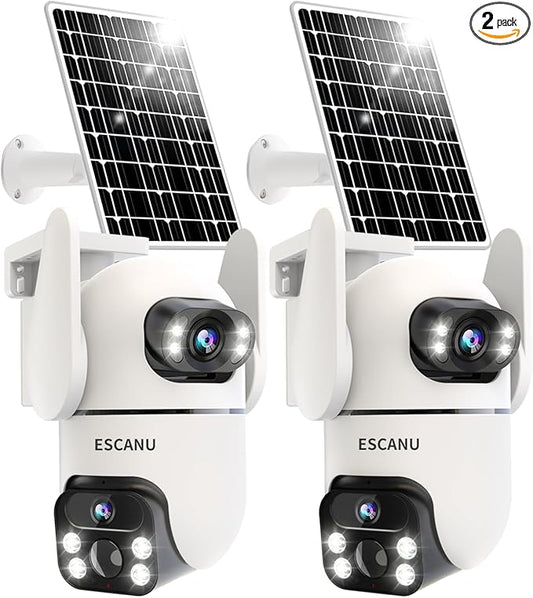 Solar Security Cameras Outdoor Wireless,Cameras for Home Security with Dual Lens,360° View Pan/Tilt,Color Night Vision,2-Way Audio,SD/Cloud Storage,2.4GHz WiFi(2 Pack)