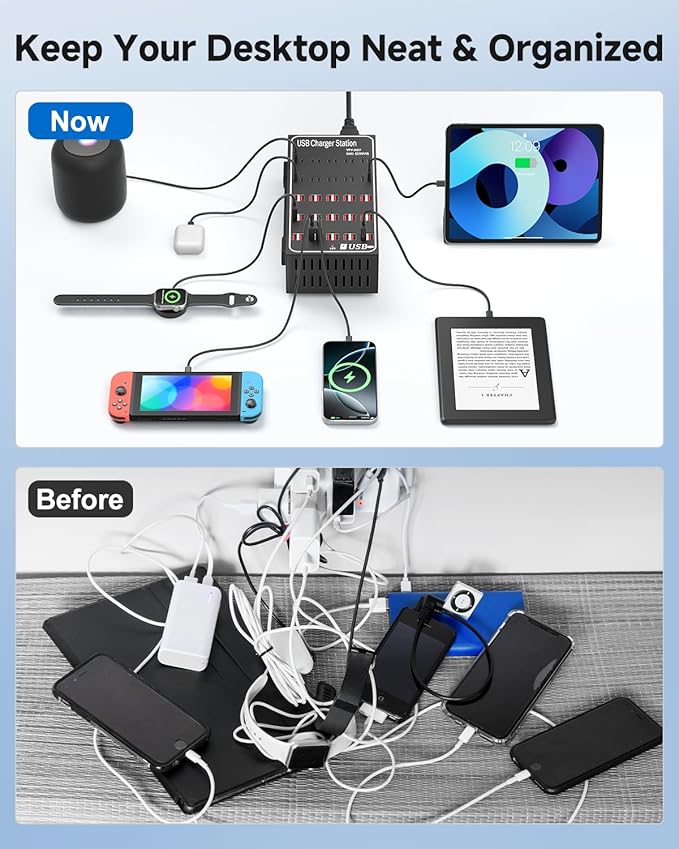 250W USB~c Charging Station, 50 Port (30 USB A & 20 USB~C Port) USB~C Charger Block, Fast Charging Station for Multiple Devices, Desktop USB Charger Compatible for iPhone, iPad, Tablets