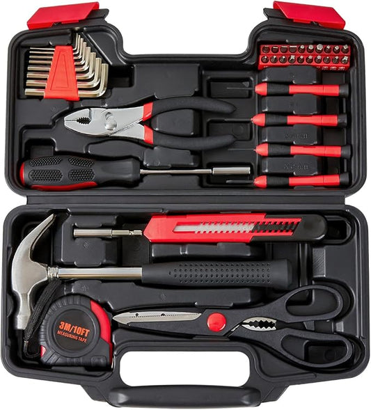 39 Piece Tool Set General Household Hand Kit With Storage Case Basics Tools for Home, Garage, Office and College Dormitory Use (Red)