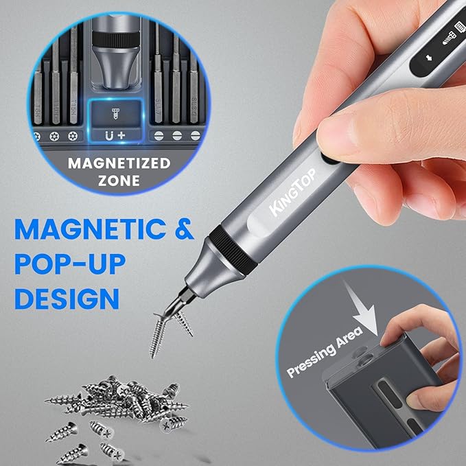 KINGTOP 52‑in‑1 Precision Screwdriver Set – S2 Steel Magnetic Bits, Anti‑Slip Handle, Pop‑Up Aluminum Case – Mini Electric Screwdriver Kit for Electronics Repair, Phones, Laptops & Gadgets