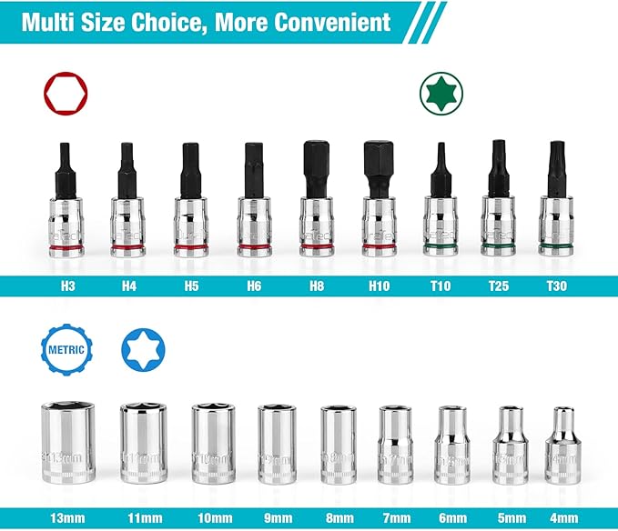 DURATECH 1/4" Drive Socket Set 20 Pieces, Including Metric and SAE Bit Sockets, Ratchet Wrench, Extension Bar, and Swivel Storage Rack, Cr-V S2 alloy steel, Meets ANSI Standards