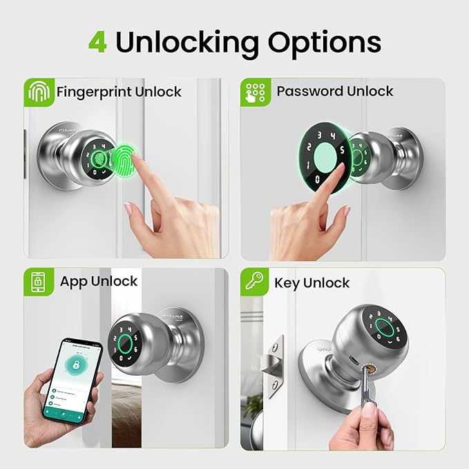 GHome Smart Fingerprint Door Lock, 4 in 1 Smart Finger Print Door Knob with Keypad, App Control & Key, Auto Lock, Biometric Thumbprint Door Locks for Bedroom, Garage, Home & Office