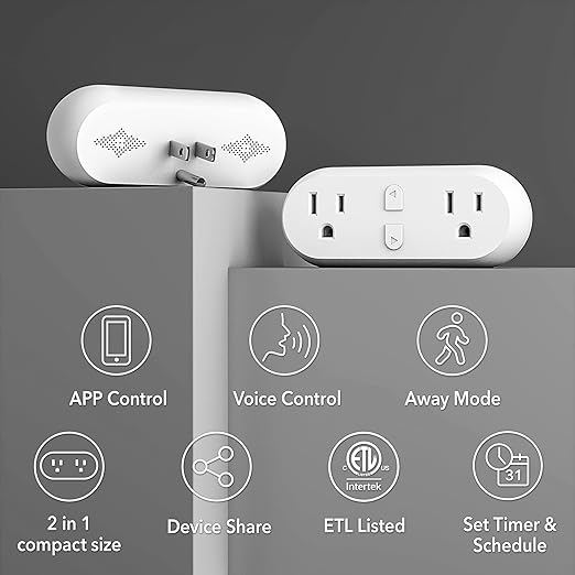 HBN Smart Plug 15A, WiFi&Bluetooth Outlet Extender Dual Socket Plugs Works with Alexa, Google Home Assistant, Remote Control with Timer Function, No Hub Required, ETL Certified, 2.4G WiFi Only