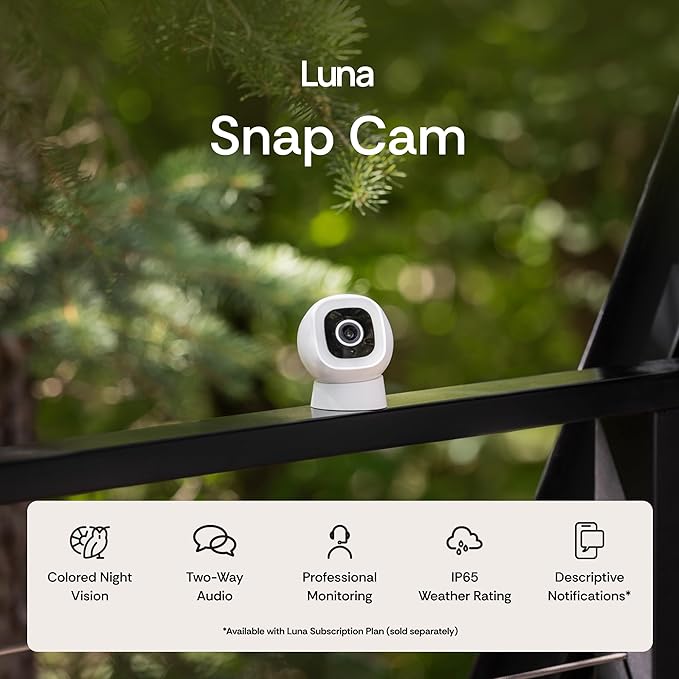 Luna Indoor/Outdoor Camera, Wired IP65 2K Wi-Fi Cameras for Home Security, Color Night Vision with Spotlight and Siren, Pet/Human/Vehicle Motion Detection with Descriptive Alerts, Phone App (1, Black)