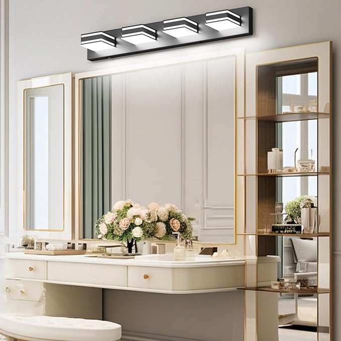 Ralbay 30inch Black Vanity Light for Bathroom with 5 Color Temperatures (3000K-6000K) Dimmable Metal Acrylic Modern LED Matte Black Bathroom Light Fixtures (4-Light)
