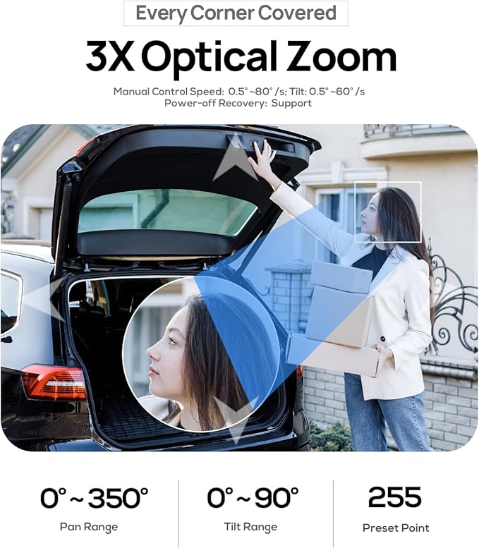 6MP IP PoE PTZ Camera Outdoor with Pan/Tilt 3X Optical Zoom,2.8-8mm Motorized Lens,98ft IR Night Vision, Built-in Mic, Human/Vehicle Detection,IP66&IK10, Blue Iris, NDAA Compliant Dome Mini PTZ Camera