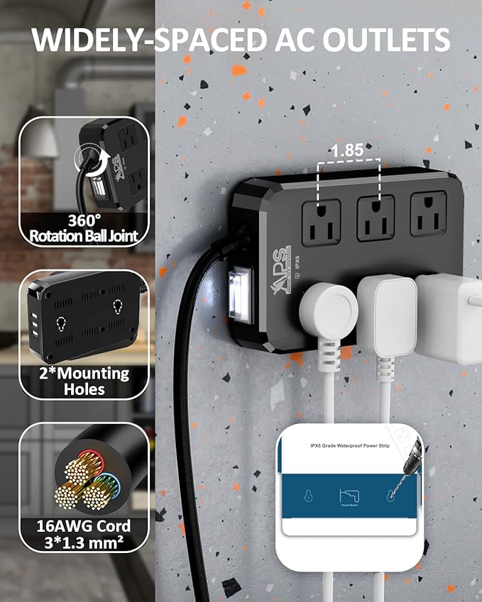 Outdoor Power Strip Weatherproof, Waterproof Surge Protector with 6 Wide Outlet with 3 USB Ports, 10FT Extension Cord,1875W Overload Protection,Outlet Extender for Christmas Lights ETL Listed Black