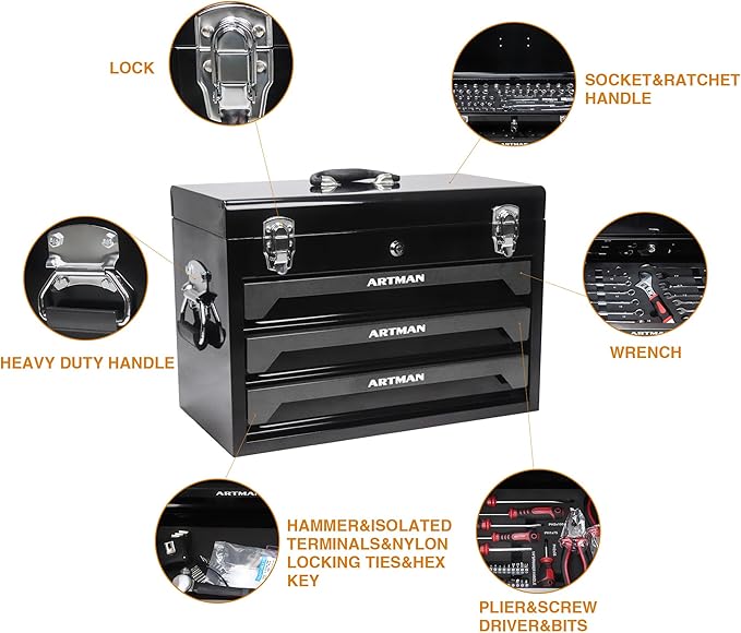 439-Piece Mechanics Tool Set, Household Tool kit with 3-Drawer Heavy Duty Metal Box, Portable Tool Box for Home/Auto Repair - Gift for Men - Black