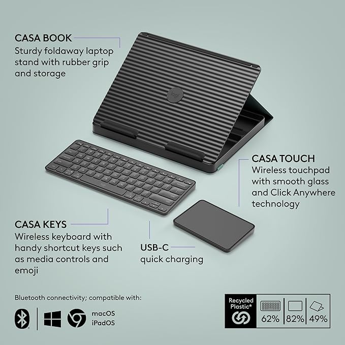 Logitech Casa Pop Up Desk Kit - Adjustable Laptop Stand for Desks, Wireless Keyboard & Touchpad, Bluetooth, USB C Charging, Classic Chic, Green/Black