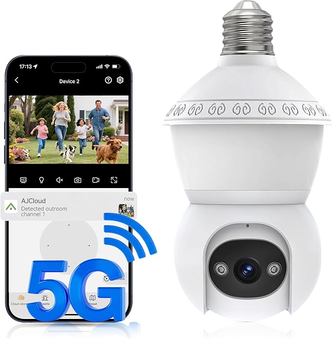 Light Bulb Security Camera, 5G/2.4GHz WiFi Lightbulb Cameras Outdoor for Home Security,2-in-1 Bulb Security Camera with LED Light E27 Compatible, Smart AI Human Detection,Color Night Vision (1Pack)