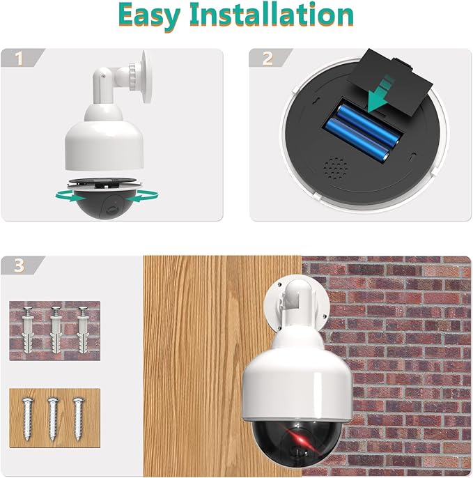 WALI Dummy Fake Security Dome Camera with 1 Flashing Red LED Light and Security Alert Sticker Decal, Indoor Outdoor Use (DOW-1), White