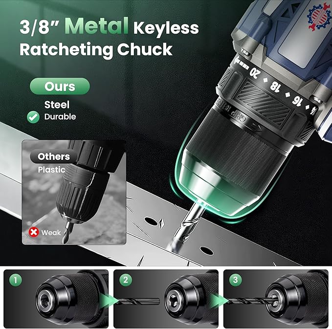 20V Cordless Drill, 620 in-lbs Torque, 3/8" Metal Keyless Chuck with Safety Lock, Brushless Power Drill with 2.0Ah Battery and Charger, 2+1 Variable Speed, 20+1 Position Electric Drill Driver with LED