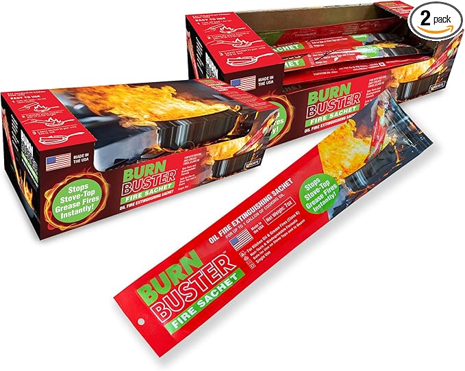 2-Pack BurnBuster Battery Fire Sachet for Oil & Grease Fires for Home and Outdoor Use - Fire Suppressant for Kitchens, Stove-Top and Oven Suitable - Non-Toxic 7 oz. Sachet, Made in USA