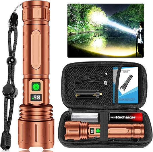 Flashlights High Lumens Rechargeable, Super Bright LED Powerful Flashlight, Type-C, 5 Modes, Zoomable, IPX5 Waterproof High Powered Tactical Flash Light for Emergency Camping,Brown
