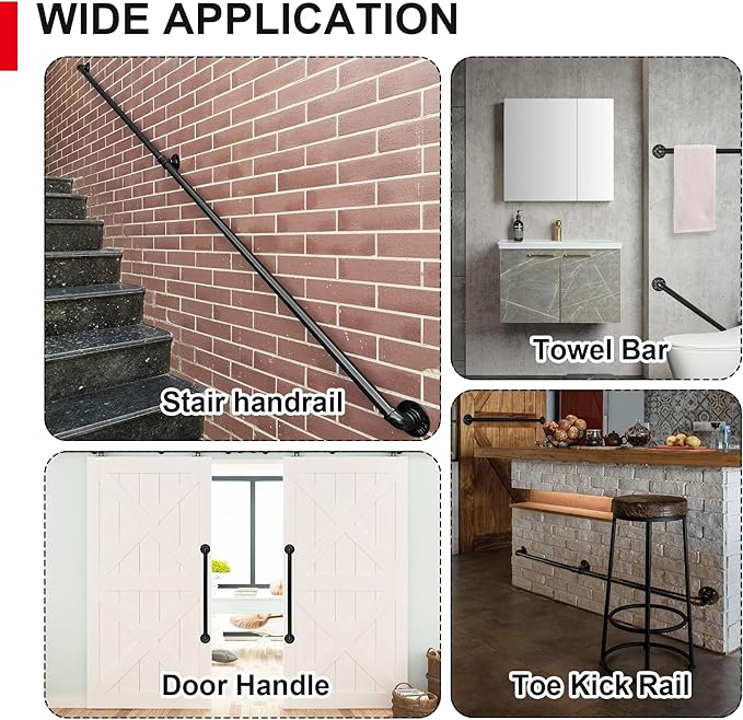 SCIEO 11.4FT Industrial Stair Handrail, Wall-Mounted Staircase Handrail for Indoor Outdoor Steps, Metal Pipe Stair Railing Galvanized Steell Hand Rail Non-Slip Grab Bar for Steps Stairs Porch Deck