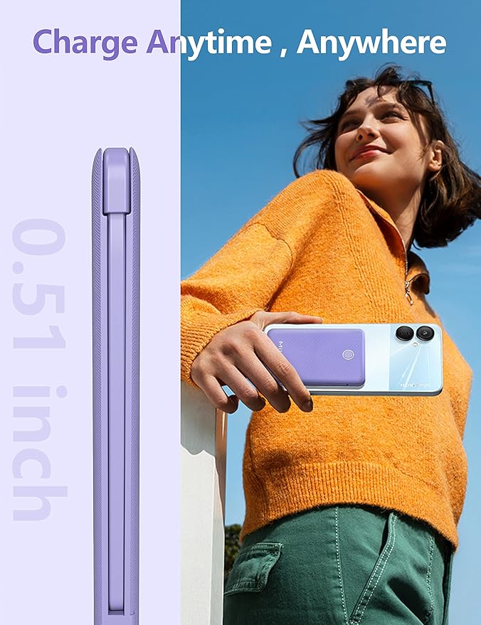 miisso 6000mah Ultra Slim Built in Cables Power Bank, Card Size Built in USB C Cords Battery Pack Portable Charger for Phones, 3 Output External Battery Pack Compatible with iPhone, Samsung, Purple