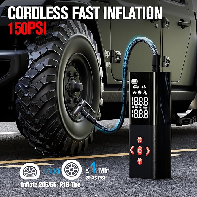 GOOLOO AP150 Tire Inflator Portable Air Compressor, 2X Faster 150PSI Cordless Air Pump with Auto-Shutoff, Portable Bike Pump with Tire Pressure Gauge, Electirc Tire pump for Car, Motorcycle, Ball, Red