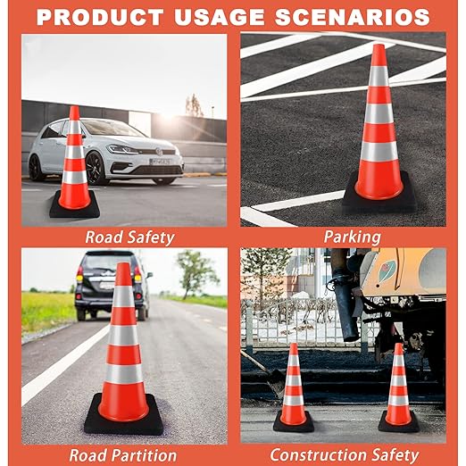 Traffic Cones 36 inch PVC Orange 4 Pack Heavy Duty Black Base Construction with Reflective Collars Fit Parking Lot,Driveway Road Traffic Control Safety Cones