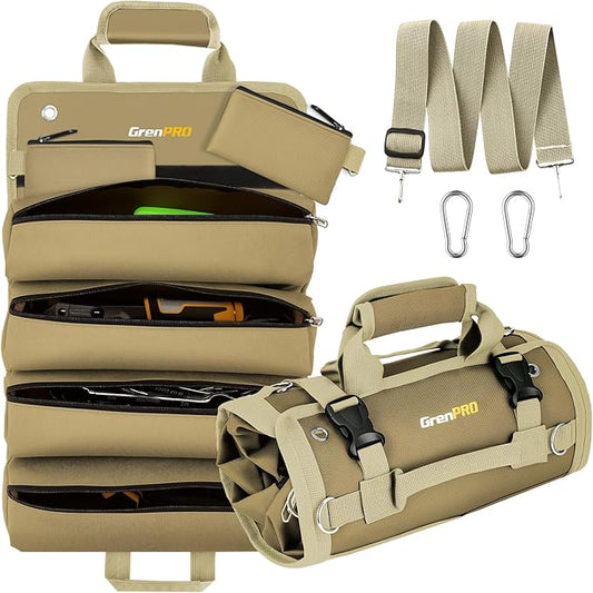 Premium Tool Bag Roll Up, Tool Roll Portable Foldable Tool Storage with 2 Detachable Pouches, Soft Rollable Tool Pouch for Mechanics, Electricians, DIY, Gifts for Dad, Men Birthday Gift, Khaki