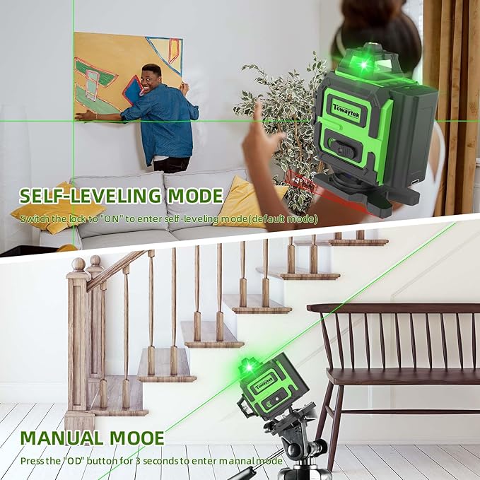 4D Green Laser Level 4 * 360 self-leveling with high brightness cross line three levels adjustable light with 2 * 2400mAh Rechargeable Battery & Hard Carry Case& adjustable metal base mount