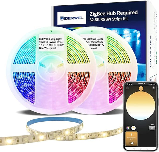 GIDERWEL 32.8ft ZigBee RGBW LED Strip Lights Smart Dimmable Kit with ZigBee 3.0 Controller,Work with Hub Bridge Echo Plus for APP/Alexa Voice Control RGB Warm White RGBWW LightStrip Ambiance Lighting