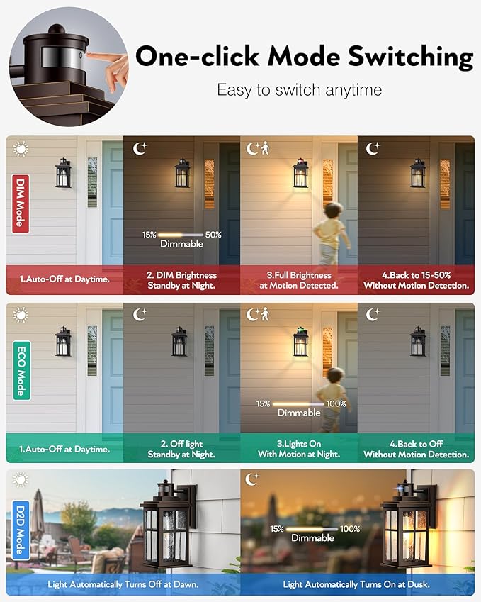 VIANIS Motion Sensor Exterior Lighting Fixtures for House, Oil Rubbed Bronze with Gold Trim Dusk to Dawn Outdoor Porch Light, Waterproof Outdoor Garage Lights Wall Mount, Outside Wall Sconce for Coach