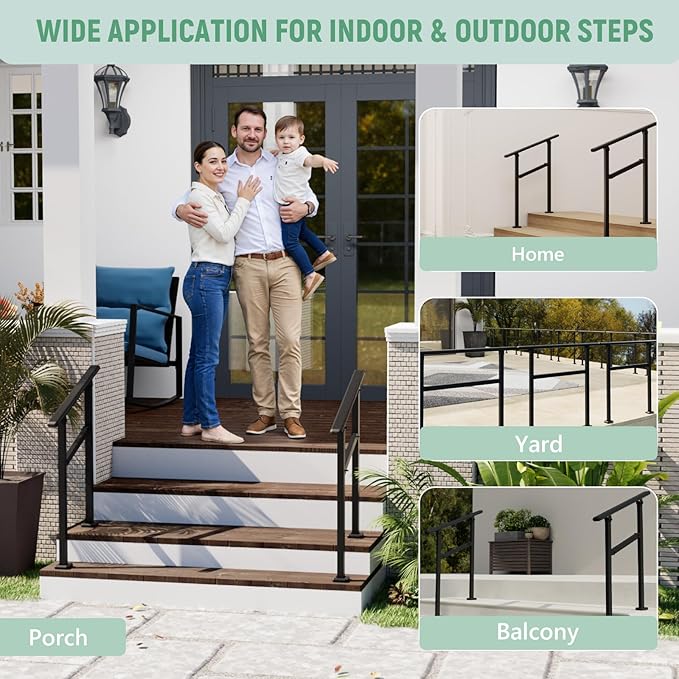 2 Pack Hand Rails for Outdoor Steps,1-2 Step Railing for Stairs,Adjustable Porch Railing,Hand Rails for Seniors,Outdoor Deck Handrails for Exterior Steps,Black